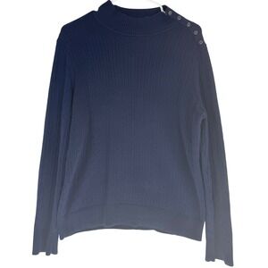 Kim Rogers Womens Mock Neck Long Sleeve Button Knit Pullover Navy Sweater Large
